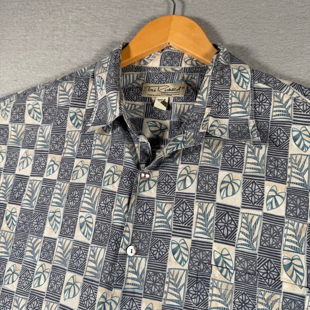 Tori Richard Mens Blue Geometric Botanical Cotton Lawn Button Front Shirt P390 - Picture 4 of 13